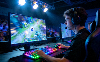 电竞比赛现场，选手专注操作键盘鼠标，背后大屏幕显示游戏画面